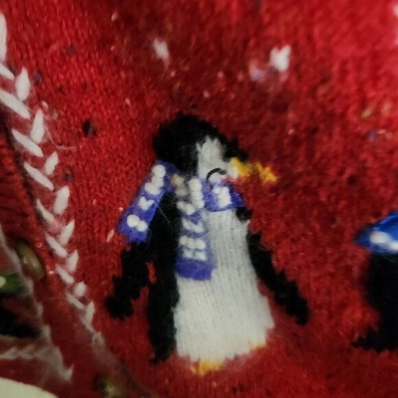 Coldwater Creek Red FairIsle Nordic Cardigan Sweater Penguins Snowflakes Size XS - Picture 3 of 6